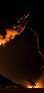 A dragon breathes fire in a dark, night sky setting.