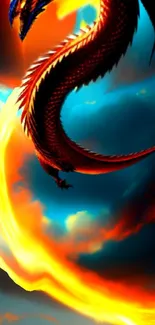 Fantasy dragon soaring through a fiery sky.