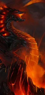 Fiery dragon over erupting volcano wallpaper.