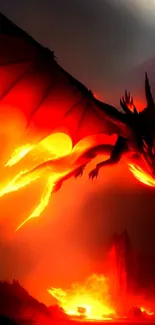 Fiery dragon soaring through a volcanic sky, vibrant mobile wallpaper.