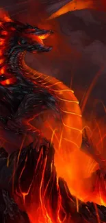 Fiery dragon emerging from a volcano, with vivid lava and smoke.