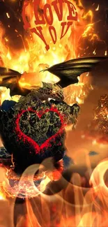 Fiery dragon with 'I Love You' text and heart, burning in vibrant flames.