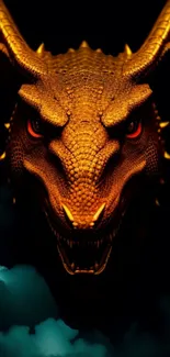 Fiery orange dragon face with dark background for mobile wallpaper.