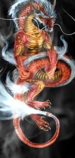 Fiery dragon with white mane on dark background.