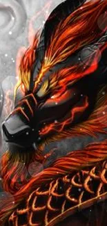 Fiery orange dragon with flames on mobile wallpaper.