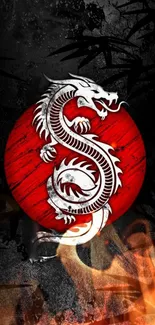 Silver dragon over red circle with fiery background.