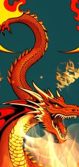 Vibrant orange dragon with fiery flames on a mobile wallpaper.