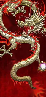 A stunning artwork of a fiery dragon on a vibrant red background, perfect for mobile screens.