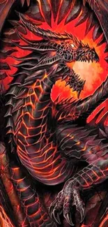 Fiery dragon with intricate scales and glowing flames on a phone wallpaper.