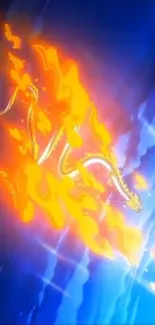 Vibrant dragon engulfed in flames against a blue background mobile wallpaper.