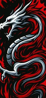 Fiery dragon artwork on a vibrant red background.