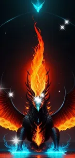 Majestic dragon with fiery wings on a dark background.