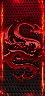 Fiery dragon design with red flames and dark perforated background.