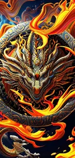 Fiery dragon with flames and intricate design on a mobile wallpaper.