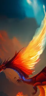 Blazing dragon in vibrant fantasy scene with fiery wings on a mobile wallpaper.