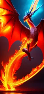 Fiery dragon with vibrant flames on a mobile wallpaper background.