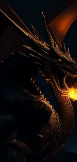 A dragon breathes fire vividly on a dark background, ideal for mobile screens.