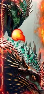 Fiery dragon with flames in dynamic mobile wallpaper design.