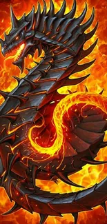 Fiery dragon amidst blazing flames wallpaper.