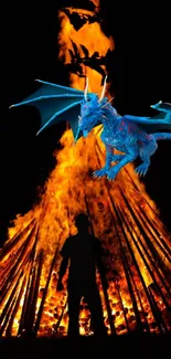 Blue dragon flying over a bonfire at night.