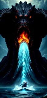 Dragon breathing fire and water in dark ocean sky scene.