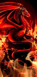 A red dragon perched on a fiery pile of gold coins with flames in the background.