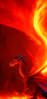 Fiery winged dragon on a lava background, exuding vibrant flames.