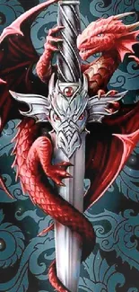 Fiery red dragon wrapped around a silver sword on a dark background.