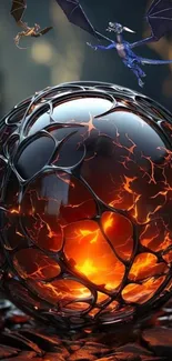 Fiery orb encased in black lattice with flying dragons.