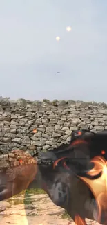 Dragon flying over stone wall with flames in serene sky.