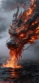 Fiery dragon emerging from water with smoke around.