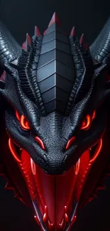 Fierce dragon with glowing red eyes on a dark background.