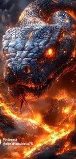 Fiery dragon serpent amidst lava and smoke.