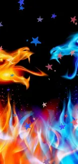 Two dragons in fiery orange and blue battle on a black background.