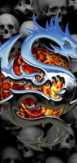 Fiery dragon with metal and skulls wallpaper.