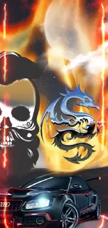 Fiery wallpaper with dragon, skull, car, and vibrant flames.