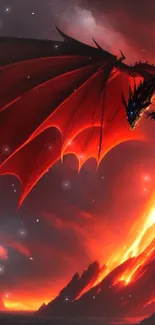 Fiery dragon flying over explosive volcanic landscape wallpaper.