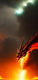 Epic dragon breathing fire amidst a stormy sky.