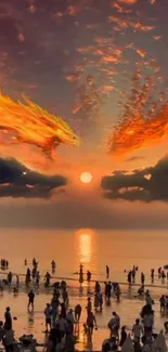 Fiery dragon flying at sunset above a crowded beach.