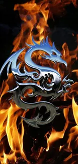 Fiery dragon symbol with orange flames on a dark background.