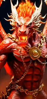 Fiery dragon warrior with chains and a fierce expression.