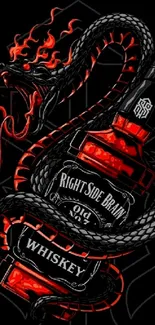 Red dragon wrapped around a whiskey bottle on a dark background.