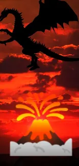 Silhouette of a dragon above a fiery sunset and volcano eruption.