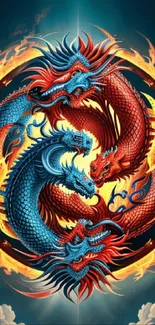 Fiery red and blue dragons forming a yin yang in mystical artwork.