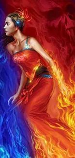 Artistic woman with fiery red and blue flames in mesmerizing wallpaper.