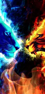 Two contrasting lions in fiery blue and red on a mobile wallpaper.