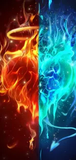 Dynamic wallpaper with fiery fire and icy blue elements.