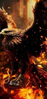 Majestic eagle surrounded by fiery orange flames.