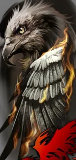 Fantasy artwork of a fiery eagle with detailed feathers and flames.