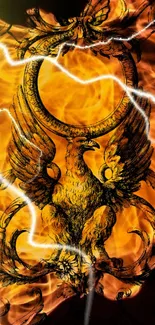 Fiery eagle with lightning and orange flames wallpaper.